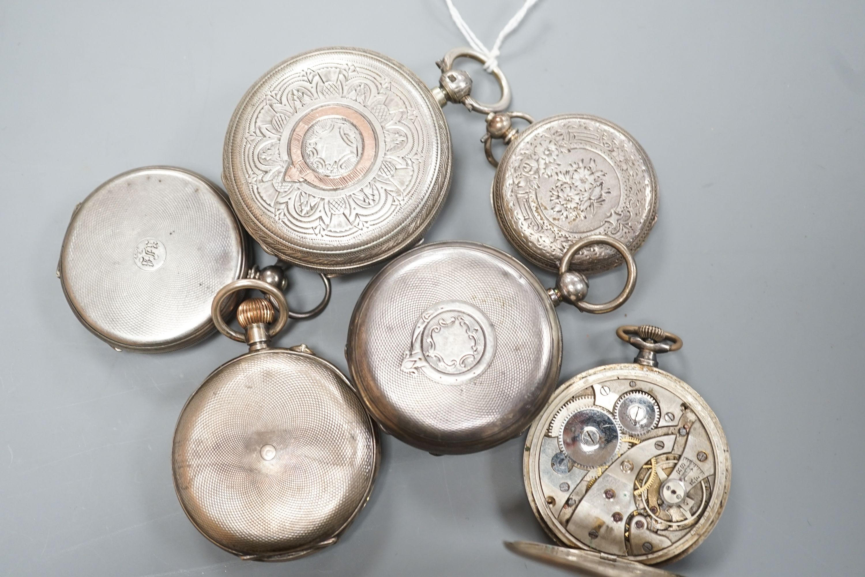 Six assorted late Victorian and later silver or white metal pocket watches, including J.W. Benson.